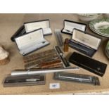 A QUANTITY OF BOXED PENS, ETC TO INCLUDE PARKER, A RING GUAGE, ORIENTAL SEAL, ETC