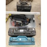 AN ASSORTMENT OF POWER TOOLS TO INCLUDE AN AS NEW ELU WOOD PLANE, A MAKITA 110V DRILL AND A JIGSAW