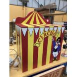 A WOODEN STORAGE BOX HAND PAINTED WITH A CIRCUS THEME HEIGHT 45CM WIDTH 50CM DEPTH 30CM
