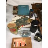 A COLLECTION OF ITEMS INCLUDING A STAMP ALBUM, CHESS PIECES, CAMERA LENS, MINI BINOCULARS, OLD