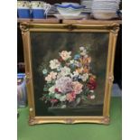 A LARGE GILT FRAMED OIL ON BOARD STILL LIFE OF A BOWL OF FLOWERS 58CM X 68CM