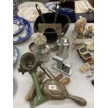 A VINTAGE SPONGS MINCER, BRUSHES, WOODEN BOWL AND SERVERS, ETC