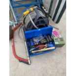 AN ASSORTMENT OF ITEMS TO INCLUDE A BOW SAW, A HOSE PIPE AND A TOOL BOX WITH HARDWARE ETC