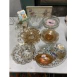 A COLLECTION OF GLASSWARE TO INCLUDE BOWLS, PLATES, GLASSES, LUSTRE PLUS SOME SAUCY PLAYING CARDS