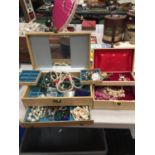 TWO JEWEWLLERY BOXES CONTAINING A LARGE AMOUNT OF COSTUME JEWELLERY INCLUDING NECKLACES, BEADS,