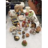 A QUANTITY OF COLLECTABLE ITEMS INCLUDING PENDELFIN RABBITS, MINI TEDDIES, DOGS, ELEPHANT, ETC