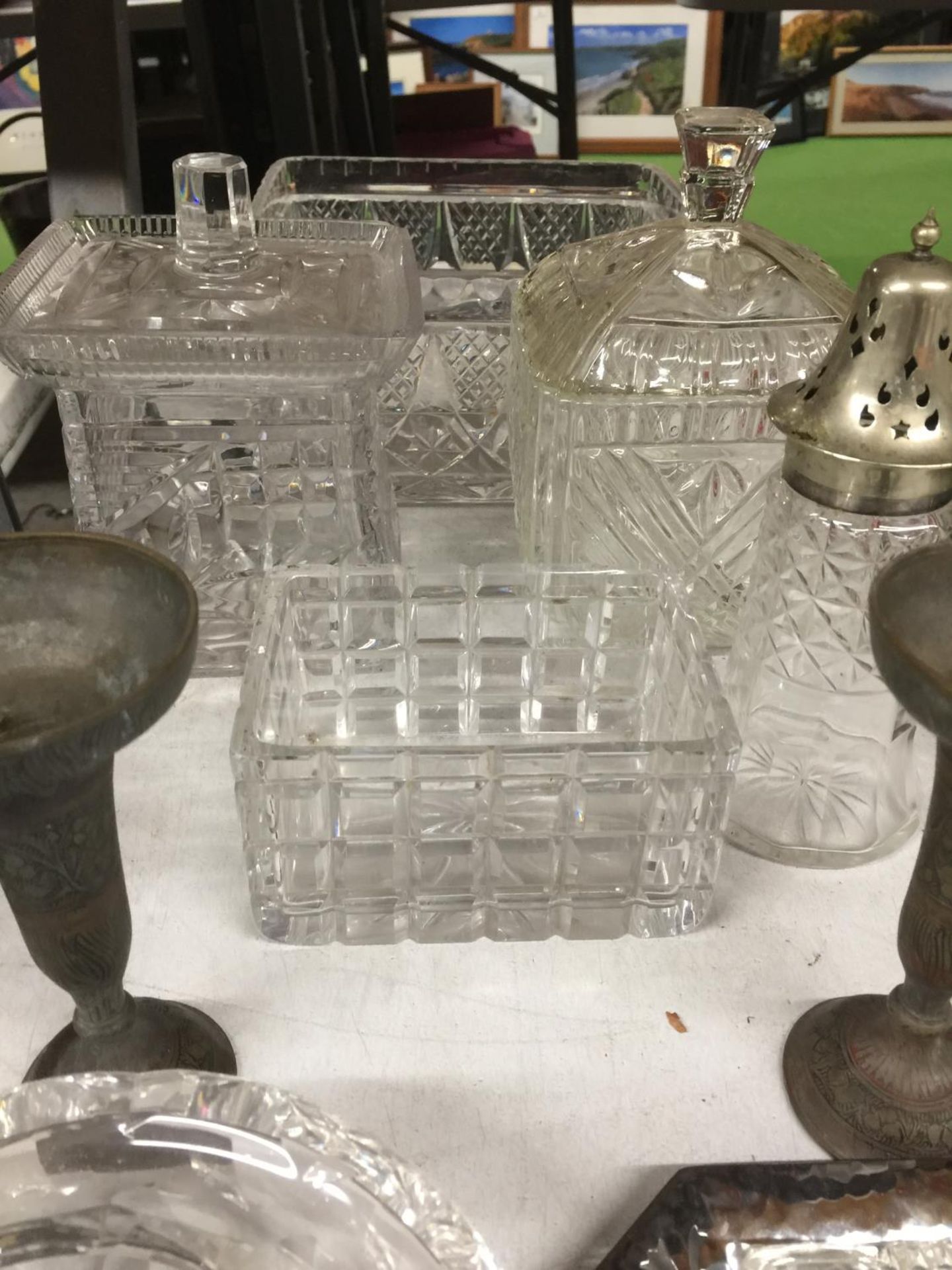 A QUANTITY OF GLASSWARE INCLUDING LIDDED BOWLS, DISHES, CANDLESTICKS, SUGAR SIFTER, ETC - Image 2 of 3