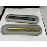 TWO NEW AND BOXED PARKER FOUNTAIN PENS BOTH IM SERIES ONE MATT BLACK WITH FINE NIB AND ONE GOLD