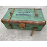 A TRAVEL TRUNK WITH LEATHER FITTINGS BY FINNIGAN'S, 18 NEW BOND STREET, LONDON, MANCHESTER AND