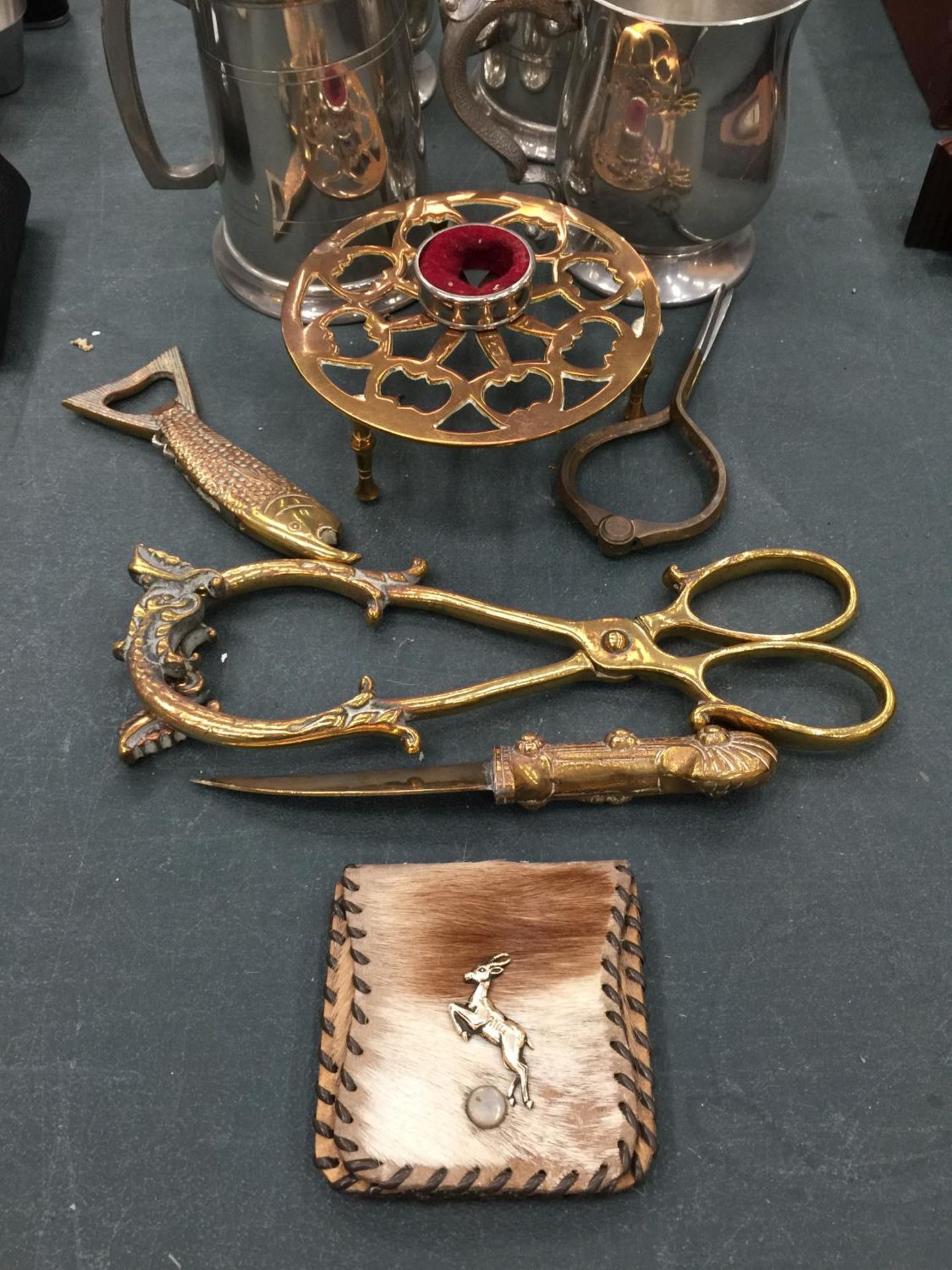 FOUR SILVER PLATED TANKARDS PLUS BRASSWARE INCLUDING TONGS, A KNIFE, BOTTLE OPENER, ETC - Image 2 of 3