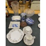 A QUANTITY OF ROYAL ALBERT 'BRIGADOON', GLASS VASES AND BLUE AND WHITE STONEWARE INCLUDING WOOD &