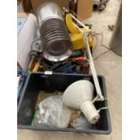 AN ASSORTMENT OF ITEMS TO INCLUDE A TORCH, AN ANGLE POISE LAMP AND PALM SANDER ETC