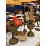 THREE BRASS OIL LAMPS - TWO MISSING CHIMNEYS PLUS A BRASS AND GLASS VERITAS LAMP