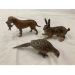 THREE MINATURE COLD PAINTED BRONZE FIGURES TO INCLUDE A DOG WITH A PHEASANT, A PARTRIDGE AND A