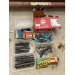 AN ASSORTMENT OF TOOLS AND HARDWARE TO IBNCLUDE DRILL BITS, FUSES AND A DIVERTOR VALVE ETC