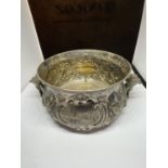 A HALLMARKED SILVER LONDON HANDLED BOWL WITH ENGRAVING GROSS WEIGHT 230.9 GRAMS