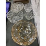 FIVE GLASS BOWLS TO INCLUDE AN AMBER ONE