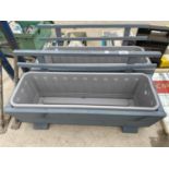 TWO WOODEN TROUGH PLANTERS WITH PLASTIC INSERTS