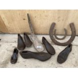 AN ASSORTMENT OF VINTAGE ITEMS TO INCLUDE A NUMBER OF COBBLERS LASTS AND TWO HORSE SHOES