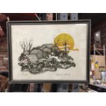 A VINTAGE SIGNED WATERCOLOUR OF ARMADILLOS SIGNED BY VIRGINIA HANLEY