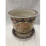 A VERY LARGE ORIENTAL PLANT POT WITH SAUCER HEIGHT 32CM