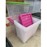 AN ASSORTMENT OF LIDDED PLASTIC STORAGE BOXES