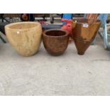 THREE DECORATIVE TRUNED WOOD VASES