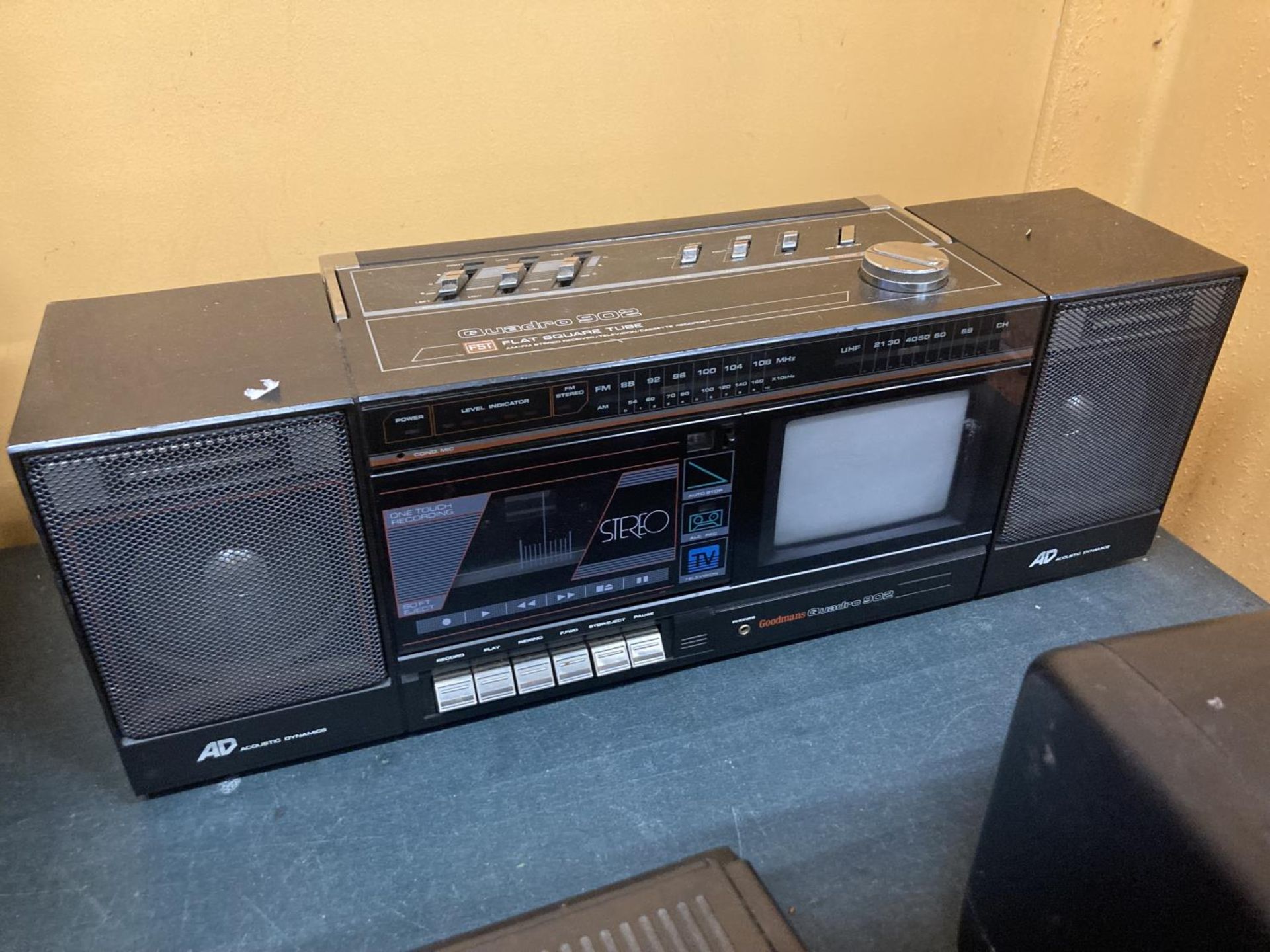 THREE RETRO PPORTABLE TV AND CASSETTE RECORDERS TO INCLUDE GOODMANS QUADRO 902 AND A BUSH AND - Image 4 of 5