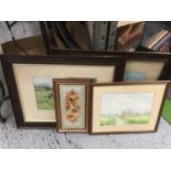 TWO FRAMED HUNTING PRINTS, FRAMED PRESSED FLOWERS AND A PRINT OF A COUNTRY HOUSE