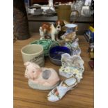 A QUANTITY OF CERAMIC ITEMS INSLUDING A COFFEE POT, HEN PLATE, COUNTRY ROSES SHOE, FIGURES, ETC