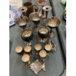 VARIOUS METAL ITEMS TO INCLUDE STAINLESS STEEL LARGE AND SMALL GOBLETS, CANDLESTICKS, ETC