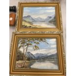 TWO FRAMED OIL ON BOARD PAINTINGS OF CONISTON WATER AND WASTWATER SIGNED A BARLOW 29CM X 23CM