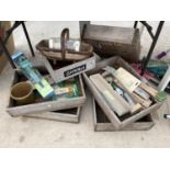 AN ASSORTMENT OF GARDEN ITEMS TO INCLUDE WOODEN BOXES, A VEG BASKET AND SHEARS ETC