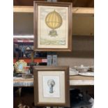 TWO FRAMED PRINTS DEPICTING HOT AIR BALLOON FLIGHTS