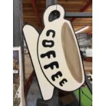 A HAND PAINTED WOODEN COFFEE CUP SIGN 71CM X 40CM