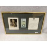 A FRAMED MONTAGE CONTAINING A SIGNED PICTURE OF MARGARET THATCHER, A SIGNED POUND NOTE AND A