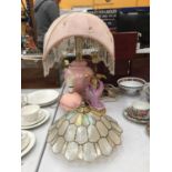 A LARGE TABLE LAMP WITH A PINK BASE AND PINK BEADED SHADE HEIGHT APPROX 56CM, TWO LAMP BASES AND A