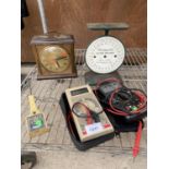 AN ASSORTMENT OF ITEMS TO INCLUDE A VOLT TESTER, A CLOCK AND A SET OF SCALES ETC