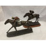 TWO RESIN RACE HORSE FIGURES ONE A WOODEN PLINTH HEIGHT 23CM AND 20CM