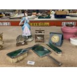 A QUANTITY OF COLLECTABLES TO INCLUDE TRAVEL ALARM CLOCKS, ENAMEL BACKED BRUSH SET, FIGURINE, ETC