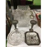 A QUANTITY OF GLASSWARE INCLUDING LIDDED BOWLS, DISHES, CANDLESTICKS, SUGAR SIFTER, ETC