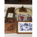 THREE VINTAGE TRAYS, TWO COPPER ETCHED SCENES, A BAROMETER AND A SHIELD SHAPED MIRROR