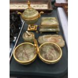 A COLLECTION OF ONYX ITEMS INCLUDING A LIGHTER, LIDDED URN WITH GILT DETAIL, TRINKET BOX ON FEET,