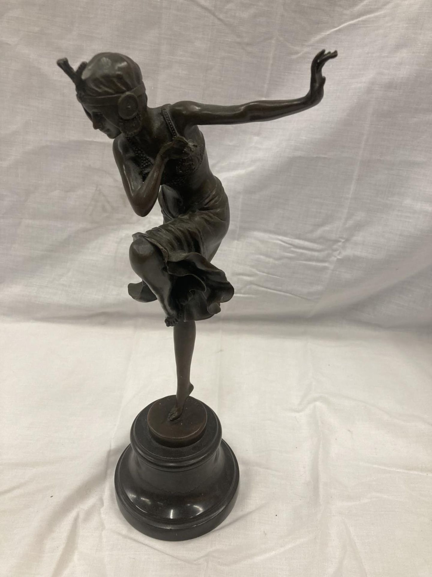 A BRONZE FIGURE OF A DANCING LADY ON A MARBLE BASE SIGNED D H CHIPARUS 39CM TALL