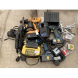 AN ASSORTMENT OF VARIOUS TOOLS TO INCLUDE DRILLS, A SANDER, BATTERIES AND BATTERY CHARGERS ETC