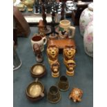 A QUANTITY OF ITEMS INCLUDING TREEN CANDLESTICKS, BOX, FIGURES, ETC PLUS CERAMIC SOUTH AFRICA LION