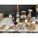 AN ASSORTMENT OF ITEMS TO INCLUDE CERAMIC VASES, A GLASS DEMI JOHN AND GLASSES