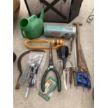 AN ASSORTMENT OF GARDEN ITEMS TO INCLUDE SHEARS, A FORK AND A PLANT STAND ETC