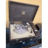A HIS MASTER'S VOICE VINYL RECORD PLAYER IN A CARRY CASE
