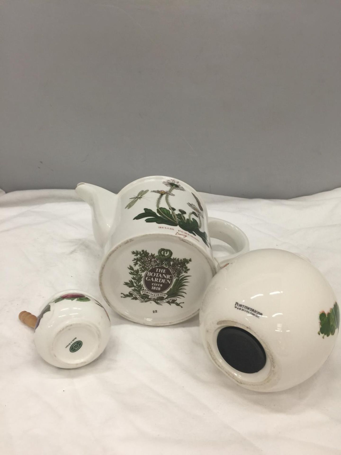 THREE PIECES OF PORTMERION TO INCLUDE A TEAPOT-NO LID- A HUNGRY CATERPILLAR MONEY BOX AND A PRESERVE - Image 2 of 2